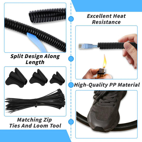 Split Wire Loom Tubing Kit With Five Size Options Quarter Inch Three Eighths Inch Half Inch Three Quarters Inch And One Inch By Twenty Feet Easy Install DIY Friendly components shown.