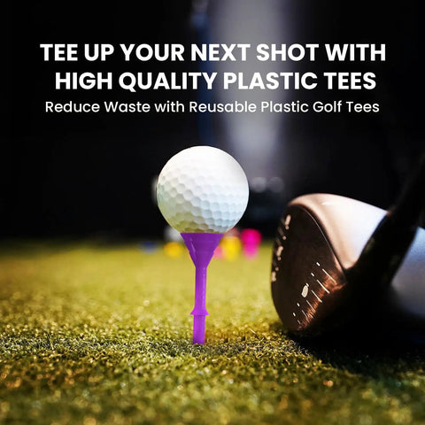 Golf ball on purple unbreakable plastic tee, colorful practice tee for swing training, three and one quarter inch, on course play.