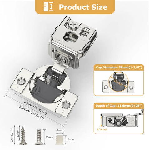 Soft Close Cabinet Hinges 50 Pack 1 1/4 Inch Overlay For Face Frame Cabinets With 4D Adjustment And 105 Degree Concealed Self Closing Stainless Steel Hardware For Kitchen, showing hinge specifications and dimensions.