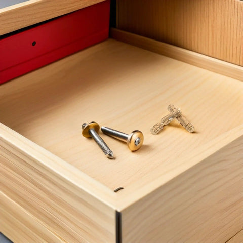 Close-up of 25 Pack Brass Cylindrical Barrel Hinges With Concealed Mount For Jewelry Boxes And Keepsake Boxes on wooden surface.