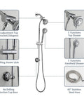 Two In One Handheld And Overhead Shower Head System In Chrome With Five Modes Four Inch And Four Inch Dual Shower Heads Liftable No Drill Install Sixty Inch Stainless Steel Hose diagram with features labeled.