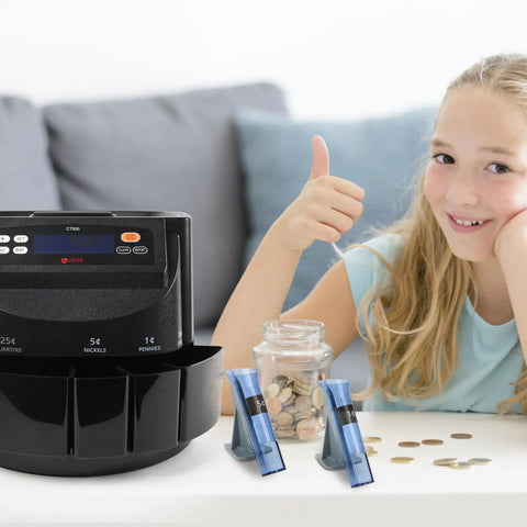 Top Shelf Electric Coin Counter And Sorter Machine That Handles Quarter Dime Nickel Penny And Dollar Bills With A Bright Digital Display and 50 Roll Wrappers.