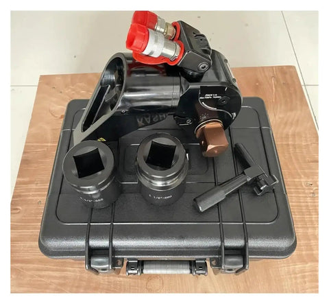 Heavy Gauge Hydraulic Torque Wrench With Slick Uni Swivel Hose And Rugged Alloy Frame For Smooth Precision Bolting In Tight Pits Plus One And A Half Inch Square Drive, laid out on a sturdy case.