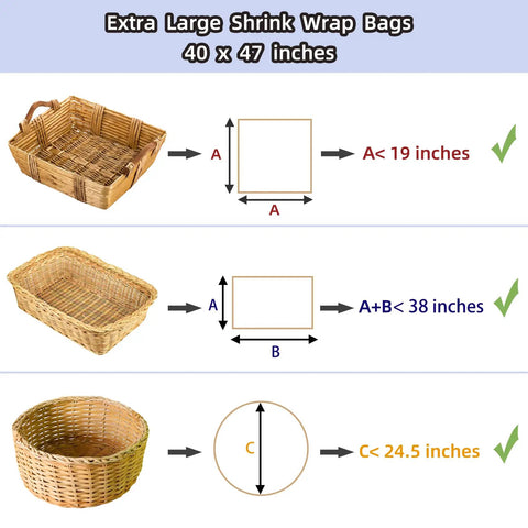 Extra large shrink wrap bags for gift baskets measuring 40x47 inches, visibility of basket sizes and fit guidelines.