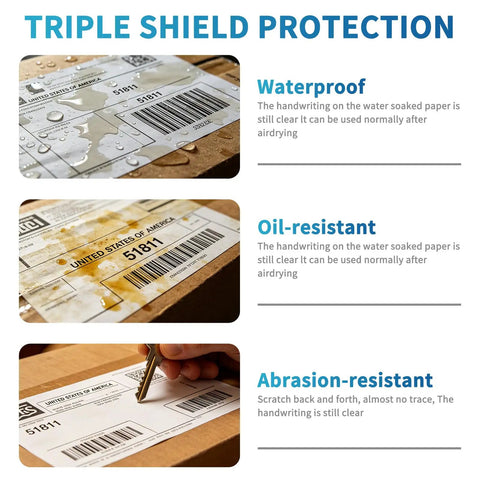 Image of waterproof, oil-resistant, and abrasion-resistant labels demonstrating clear print quality and durability.