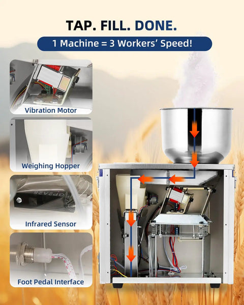 Ditch The Messy Spills With This Dead On Accurate Digital Powder Filler And Auto Granule Dispenser, showing internal components like weighing hopper and foot pedal.