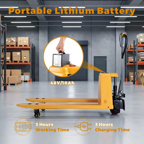 Heavy Duty Electric Pallet Jack 3300 Lbs Capacity Motorized Pallet Truck With 48V 10Ah Battery showing portable battery in detail.