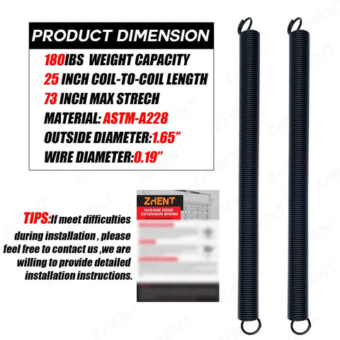 Product dimensions with two 180 Lb Beefed Up Heavy Duty Garage Door Extension Springs Set For 7 Foot Doors, black-coated.