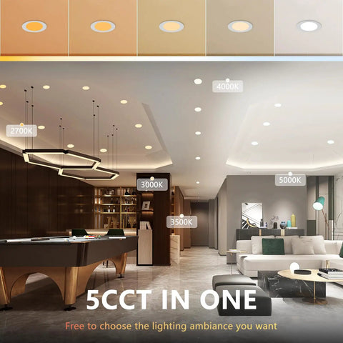 Living room with 4 Inch LED Recessed Lighting Kit Canless Pot Wafer Lights Dimmable With 3000K 4000K 5000K Selectable Color Temperature.
