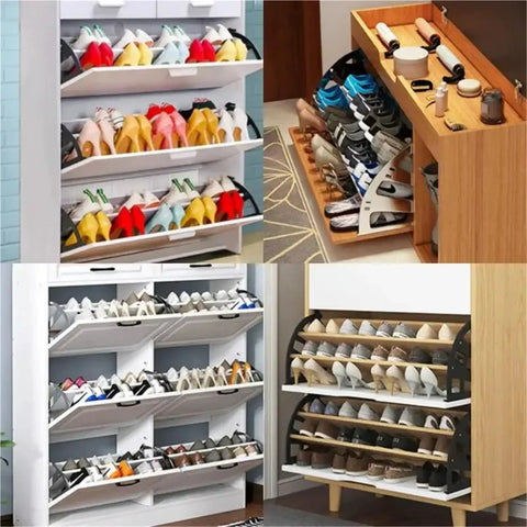 Rock Solid Stainless Steel Double Pack Furniture Hinges Slick Motion Swivel For Foldable Shoe Rack Cabinet Shelves Drawer Hardware in use with various shoe storage options.