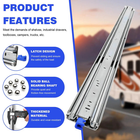 Beefy Heavy Duty Drawer Slides With Lock Full Extension For Tool Chests And Cabinets Side Mount Steel Rails Hold Up To 300 Lb Load Rust Resistant Electroplated Finish Secure Locking Latch Keeps Drawers Closed Or Open, blue zinc steel side-mount rail
