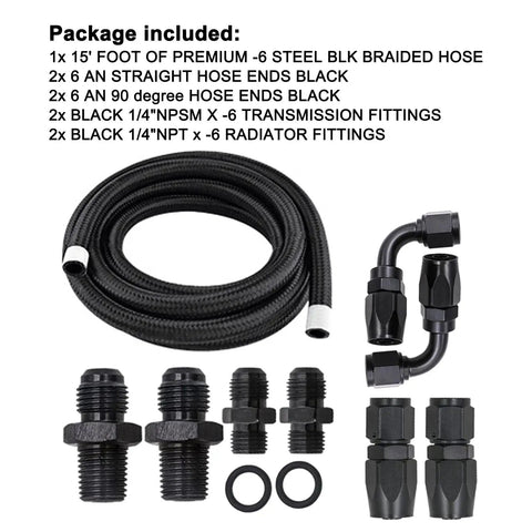 15 Ft AN6 Transmission Cooler Line Kit For 4L60E 4L65E Black Nylon Braided Hose With Aluminum Fittings Universal Fit Durable Steel Core