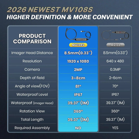 MV108S 1920P USB Endoscope Camera With 8.5mm Lens IP67 Waterproof Borescope 39.5 Inch Flexible Snake Cable, product comparison chart