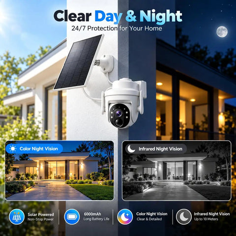Slick Solar Powered Outdoor Wireless Security Camera Capturing Crisp 3MP HD Video with solar panel mounted on wall.