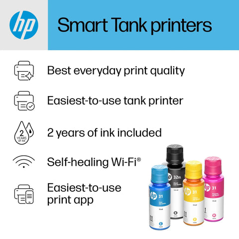 HP Smart Tank printers with ink bottles, highlighting best print quality, easy use, 2 years of ink included, Wi-Fi connectivity.