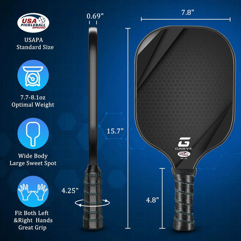 USAPA Approved Carbon Fiber Pickleball Paddles Set For Men And Women showing paddle dimensions and features.