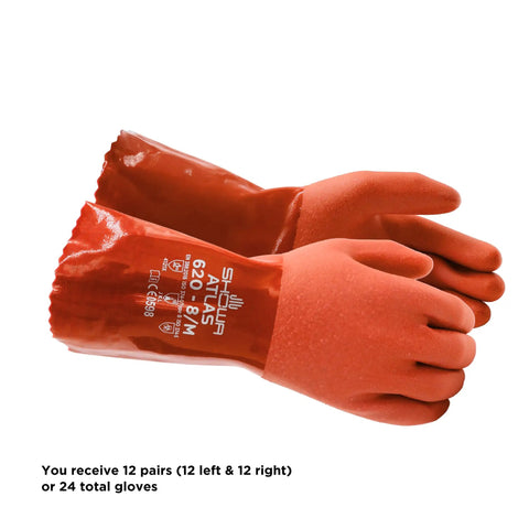 Atlas 620 Double-Dipped PVC Chemical Resistant Gloves With Rough Grip, Seamless Cotton Liner, 12 Inch, Latex Free, Orange, Size Small