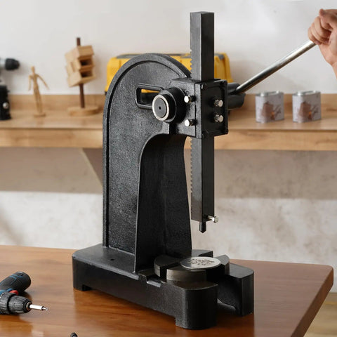 Heavy Duty Three Ton Manual Arbor Press Cast Iron Desktop Press With Smooth Twelve Point Two Inch Stroke for crafting and metal work.