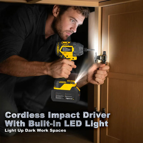 Beater Proof 21V Brushless Cordless Impact Driver Kit Yellow used for cabinet hinge installation with built-in LED light.