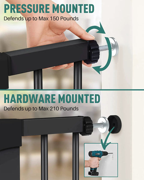 Close-up of pressure and hardware mounted installation options for wide auto close baby gate with cat door, showing attachments on white wall.