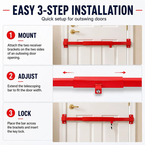 Installation guide for Built Tough Carbon Steel Door Security Bar, Locks Down Solid In 32 To 38 Inches, showing 3 steps for setup.