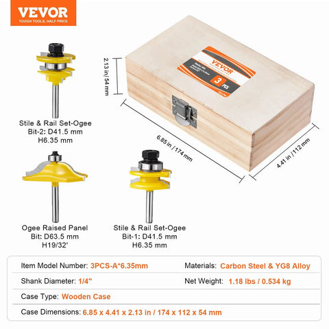 Pro Grade Carbide Router Bit Set With 1/4 Inch Shank In A Sturdy Wood Carrying Case, 3-piece kit displaying bits and wooden case