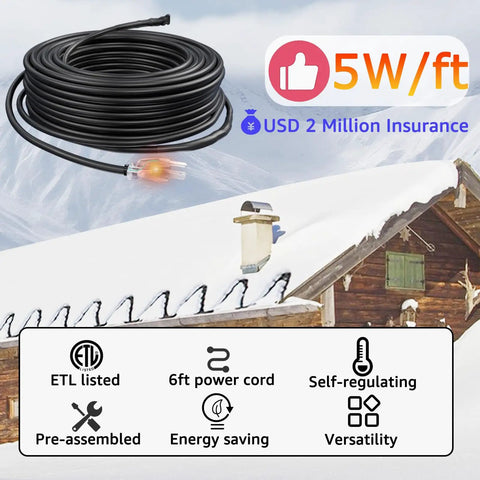 Self Regulating Pre Assembled Heating Cable 150 Feet 120V For Roof Deicing And Pipe Freeze Protection ETL Certified Safety