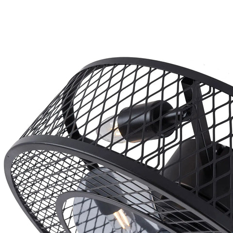 Close-up of the Industrial 18 Inch Ceiling Fan Light Kit with Remote, black caged mesh shade showing E27 base, no bulbs included.