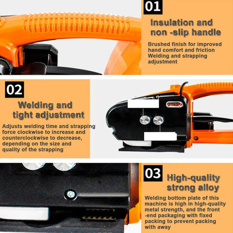 Detailed view of Slick Hand Held Electric Strapping Machine For Pp And Pet showing insulation handle, adjustments, and strong alloy construction.