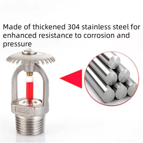 Top Shelf 304 Stainless Steel Fire Sprinkler Head Upright 68C 155F DN15 showing red glass bulb for thermal activation.