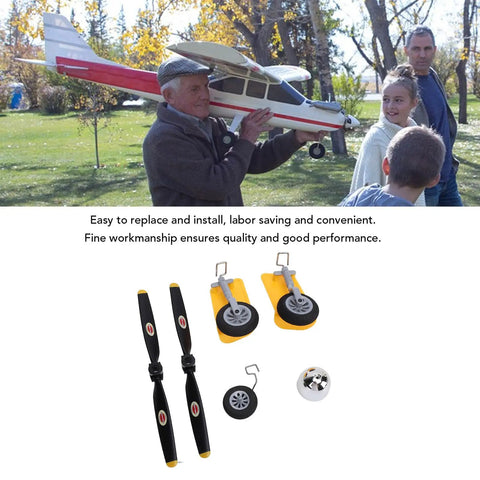 RC Airplane Propeller Kit And Spare Parts Set With Landing Gear Wheels And Fairing For Easy Installation XK A300 Compatible Durable Replacement Parts For Hobbyists And Model Aircraft Enthusiasts displayed on a sunny park background with people.