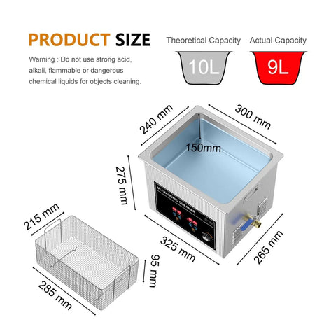 Powerful 360W Ultrasonic Cleaner With 10 Liter Tank And 40Khz High Frequency Vibrations dimensions shown with mesh basket.