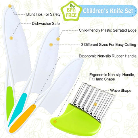 TAORISH 4-piece kids knife set with colorful plastic serrated blades and ergonomic handles; includes a mini sharpener