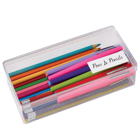 Top Notch Easy Peel Address Labels With Sure Feed Tech For Laser Printers 1.33 By 4 Inches White 1400 Count in a clear storage box.