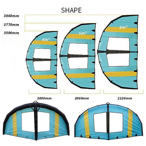 Diagram showing sizes and dimensions of Inflatable Surf Wing For Kitesurfing And Wind Foil in 4m², 5m², and 6m² options.