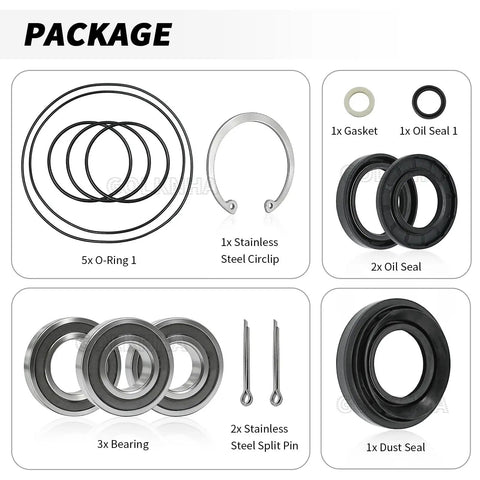 Package contents of Backyard Built Tough Rear Axle Brake Drum Bearing And Seal Rebuild Kit For Honda Atv Rancher 350 400 Rubicon 500 Foreman 450.