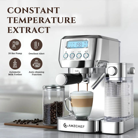 Top Shelf Espresso Machine With Auto Milk Frother, Pulls Dime Perfect Crema On 20 Bar Pressure, Smart Temp Control For Real Deal Home Coffee Setups In Sleek Silver brewing a latte with froth.