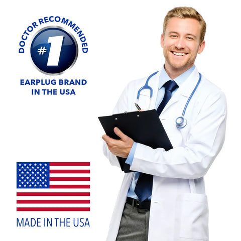 Smiling doctor with clipboard promoting Slim Fit Foam Earplugs For Small Ears With Travel Case, Made in USA endorsement.