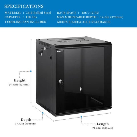 Rock Solid 12U Wall Mount Network Rack Cabinet featuring locking tempered glass door and cooling fan specifications diagram.