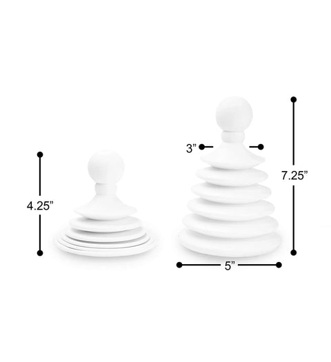 Two sizes of white Mighty Tiny Plunger for Tight Bathroom and Kitchen Sinks, RV Ready, showing dimensions and patent-pending design.