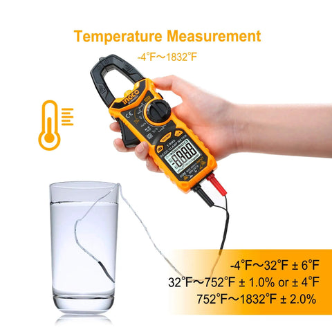 Auto Ranging Digital Clamp Meter With TRMS 6000 Counts for measuring temperature probe in water glass