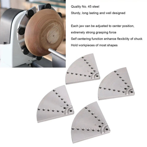 Heavy Duty Four Pack Eight Inch Flat Lathe Jaws Rock Solid Construction With Grade 45 Steel, showing self centering design and hex wrench.