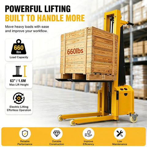 Heavy Duty Electric Pallet Lift Stacker With Remote Controlled Height Tweaking And Wide Forks for 660lbs wooden crate lifting