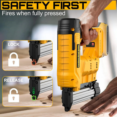 Boss Grade 18 Gauge Cordless Brad Nailer And Electric Staple Gun Two In One Workhorse with safety lock feature demonstration.