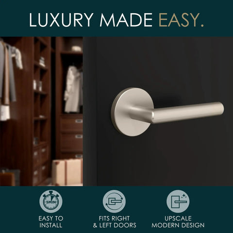 Rock Solid Satin Nickel Dummy Lever Door Handle Set For Closets Or French Doors With Plug And Play Hardware And Hassle Free Install Total Breeze Two Pack Single Sided Design on a black door.