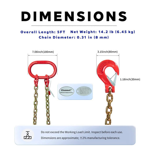 G80 Grade Two Leg Chain Sling With Grab Hooks 5 16 In By 5 Ft 4400 Lb Working Load Limit Zinc Plated Alloy Steel, dimensions displayed.