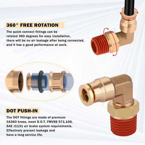 Fifty Feet One Quarter Inch Air Line Kit With Brass Fittings For Your Truck And SUV Rig Air Bag Suspension, showing 360-degree swivel design and DOT push-in