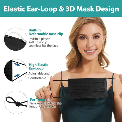 Woman demonstrating 4 Layer Black Disposable Mask With White Inside Breathable Single Use Dust Mask For Adults Men Women Upgraded Wider Soft Earloops For Comfortable All Day Wear Lightweight Everyday Protection 50 Pack Box