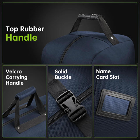durable golf travel bag with wheels featuring handles, buckle, and name card slot