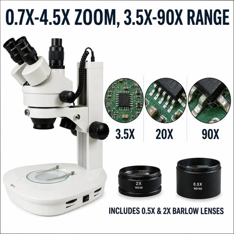 Trinocular Stereo Zoom Microscope 3.5X To 90X With Dual LED Illumination And 45 Degree Inclined Head, 360 Degree Rotating Ocular Tubes, Diopter Adjustment For Both Tubes, Long Life Cool LED Lighting With Adjustable Intensity. White lab microscope with 0.5X and 2X lenses for PCB inspection.